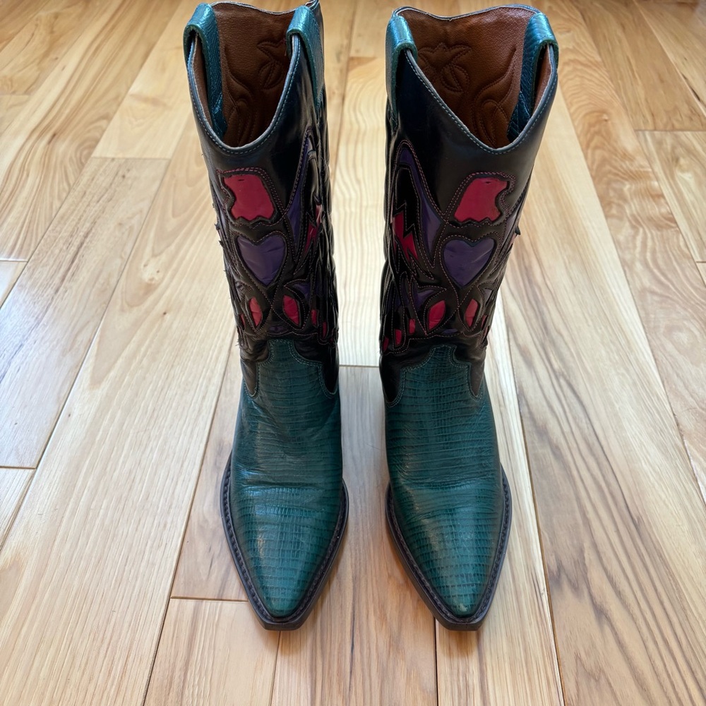 Vintage Nine West Navarra Green Leather Western Cowboy Boots - Picture 2 of 14